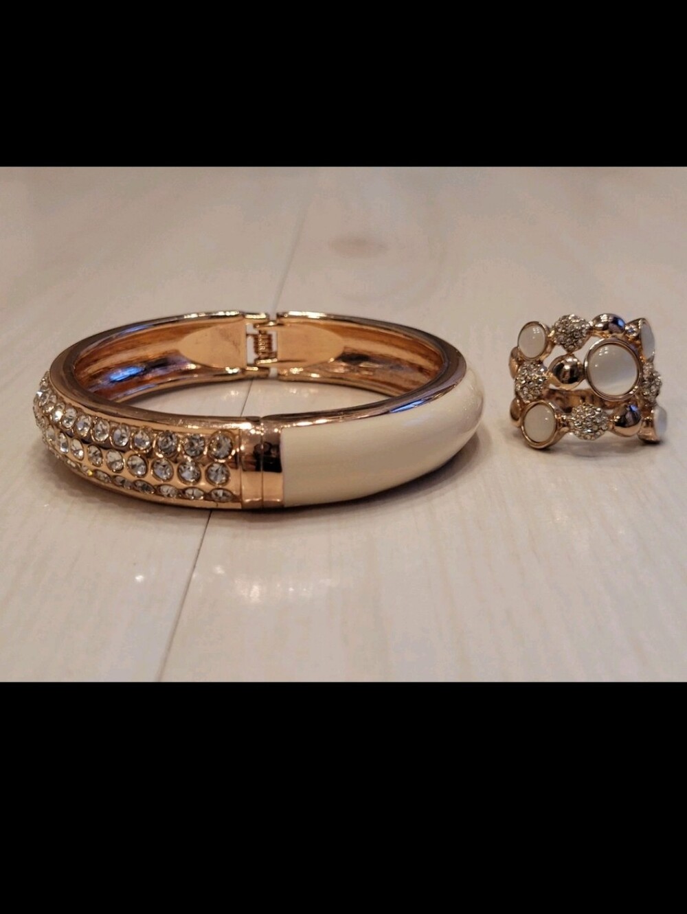 Rose Gold Colored Rhinestone Cream Bangle & Ring Set